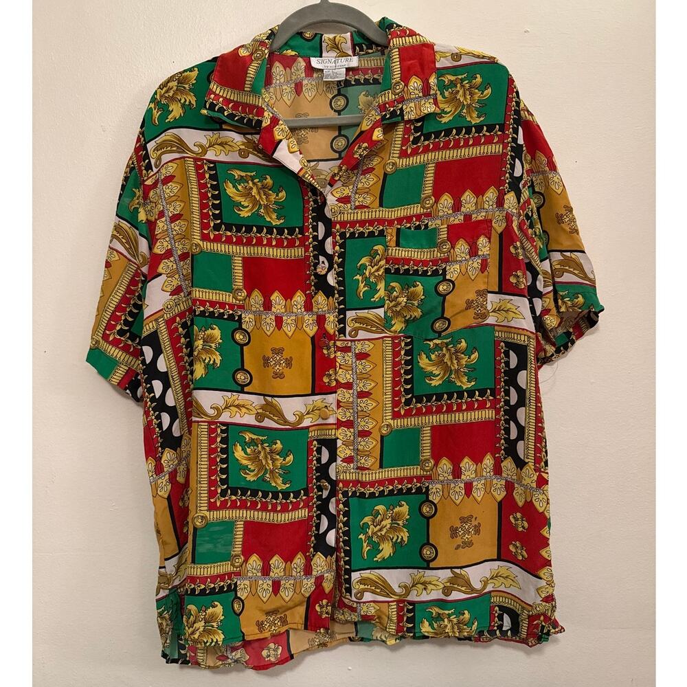 Signature 100% Silk Baroque Print Button Up Shirt Size L NWT